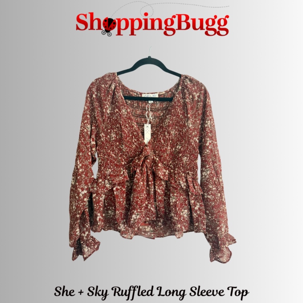 She + Sky Ruffle Long Sleeve Smocked Top ~ Burgundy ~ NWT ✨ (SB1373)